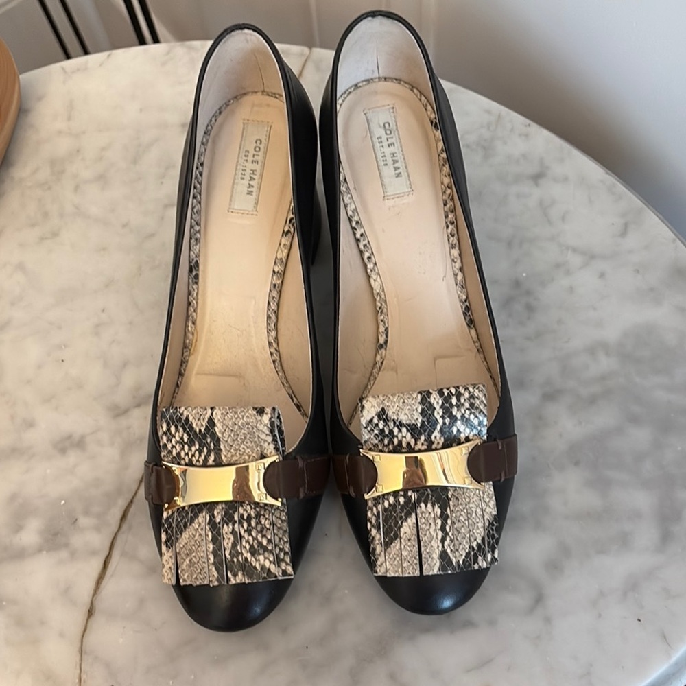Cole Haan Black and Brown Heels with Snakeskin Accent
